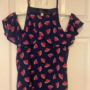 Cold-shoulder mini dress or blouse/top, Navy blue w/ Watermelons Size S small